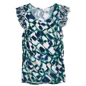 Stella + Ginger Womens Pleated Ruffle Trim Top L Blue Green Abstract Stretch